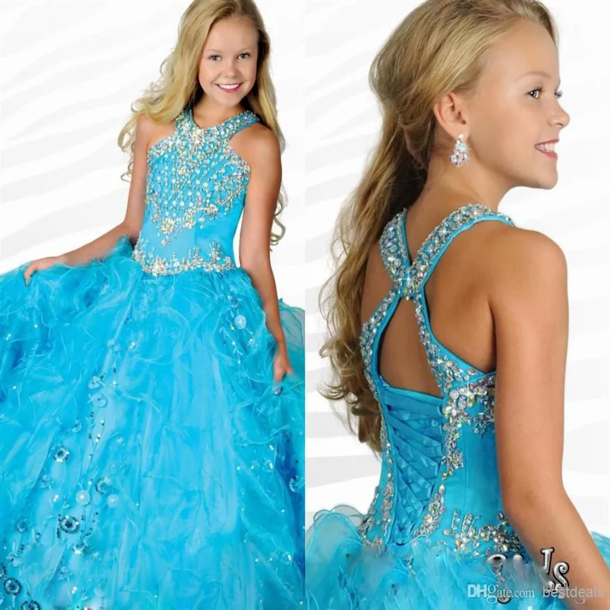 Glitz Girl's Pageant Dresses Halter Cristalli Paillettes Organza pieghettato Ragazze Ball Gown Principessa Abiti da festa di nozze RG6684 ritz3054