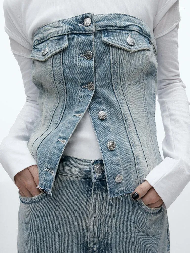 Kvinnors jackor vår mode slitage mångsidig retro ruili off-shoulder single breasted denim jacka