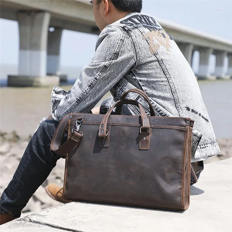 Pastas masculinas vintage maleta de trabalho de grande capacidade para viagens couro genuíno natural bolsa mensageiro para laptop