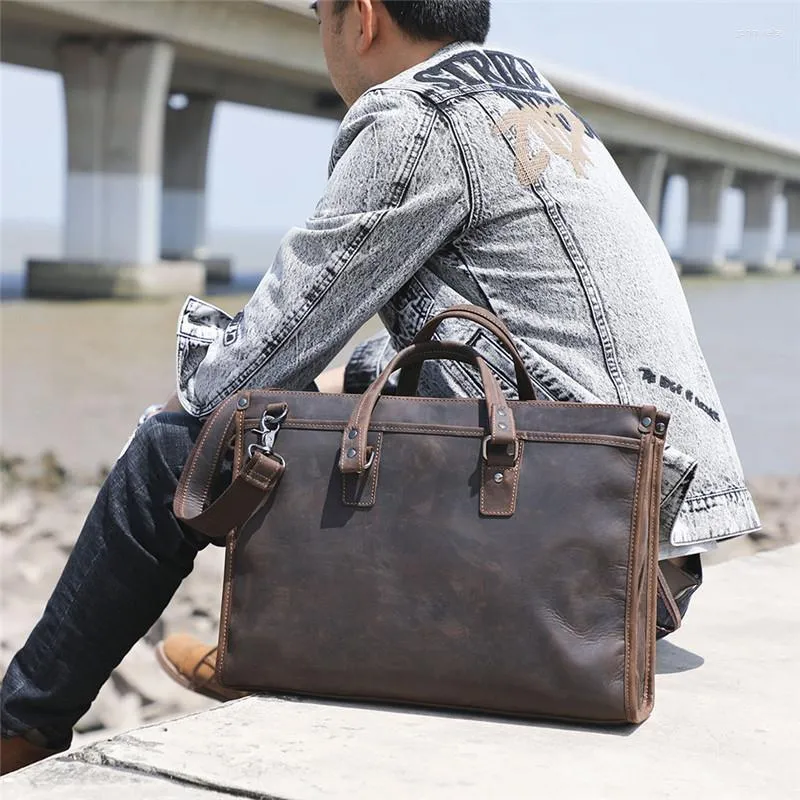 Valigette da lavoro vintage da uomo, borsa da lavoro di grande capacità, borsa da viaggio per laptop in vera pelle naturale