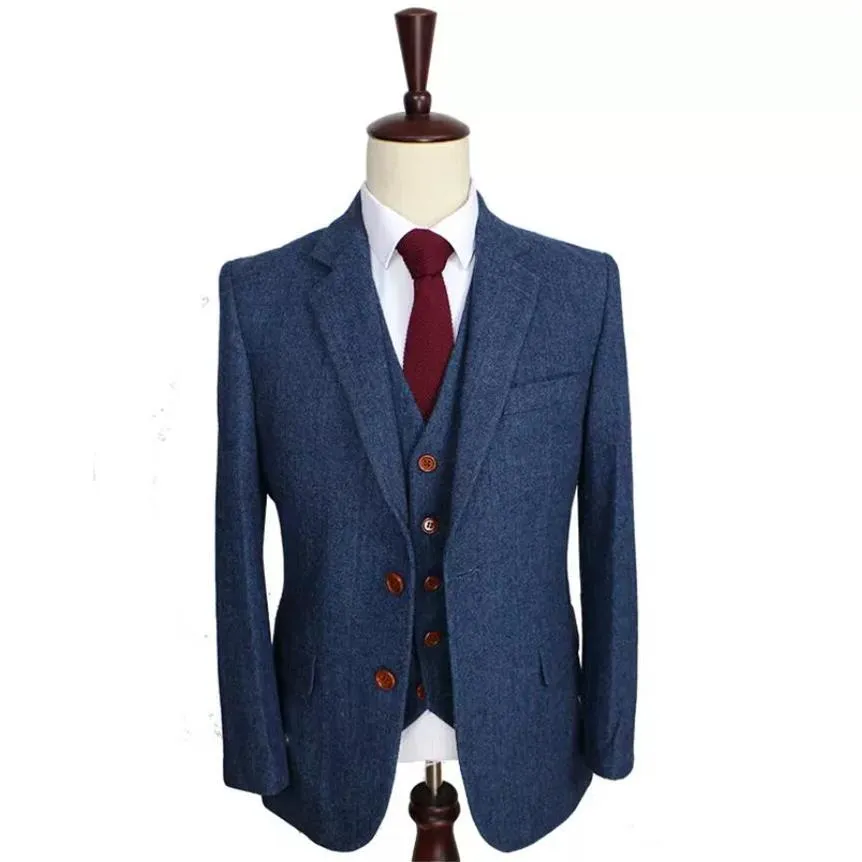 Wollblaue Hochzeits-Smokings mit Fischgrätenmuster, Retro-Gentleman-Stil, maßgeschneiderte Herrenanzüge, Schneideranzug, Blazer, Anzüge für Männer, Jacke, P240l