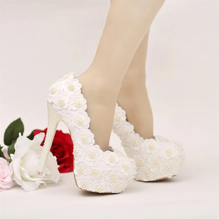 Scarpe da damigella d'onore con fiore in pizzo bianco Scarpe da sposa con tacco a spillo con scarpe da ballo con tacco avorio e tacco avorio211L