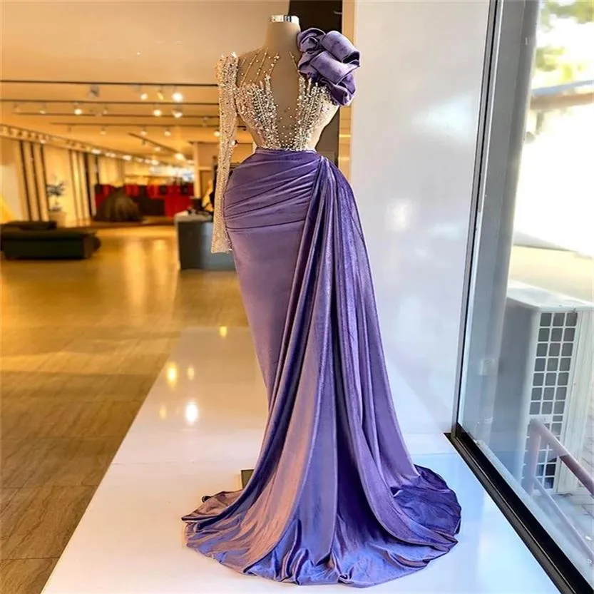 2022 Purple Velvet One Shoulder Evening Dresses Beaded Ruffles Formell klänning för kvinnor Eleganta sjöjungfru veckor Robe de Fiesta3427