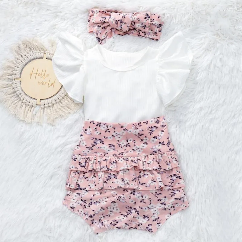 Conjuntos de roupas 2023 verão menina roupas diárias fofas macacão branco de malha canelada com estampa floral saia-calça babados infantil de 3 a 24 meses