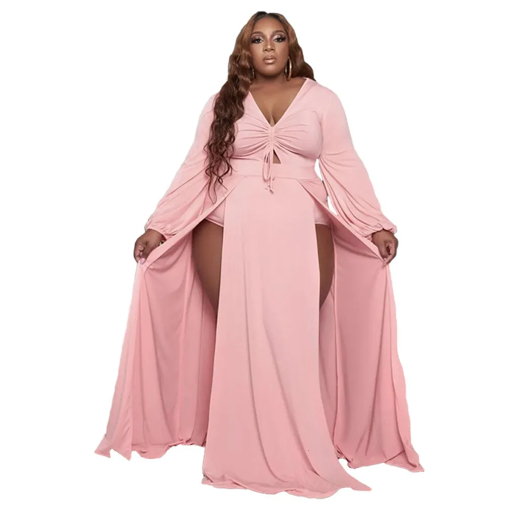 2022 Solid Color V-neck Maxi Dress Sexy Drawstring Split Long Sleeve Dress Women Robe Femme Plus Size Clothes Oversized 4xl 5xl