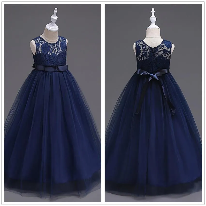 Cute Navy Blue Tulle A Line Sash Long Flower Girls' Dresses Crew Neck Sleeveless Lace Top Birthday Party Little Girl Dresses 3053