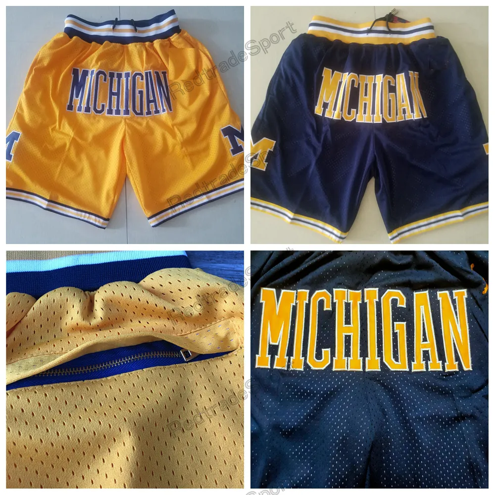 Vintage Sadece Don Basketball Şort Michigan Wolverines College Cep Pantolon Mavi Sarı Erkek Fermuar Dikişli Logo S-XXL