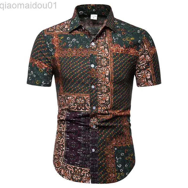 Camisas casuais masculinas vintage paisley floral camisa masculina slim fit camisa masculina 2022 nova marca camisa de linho de algodão masculina praia havaiana camisa masculina 5XL L230721