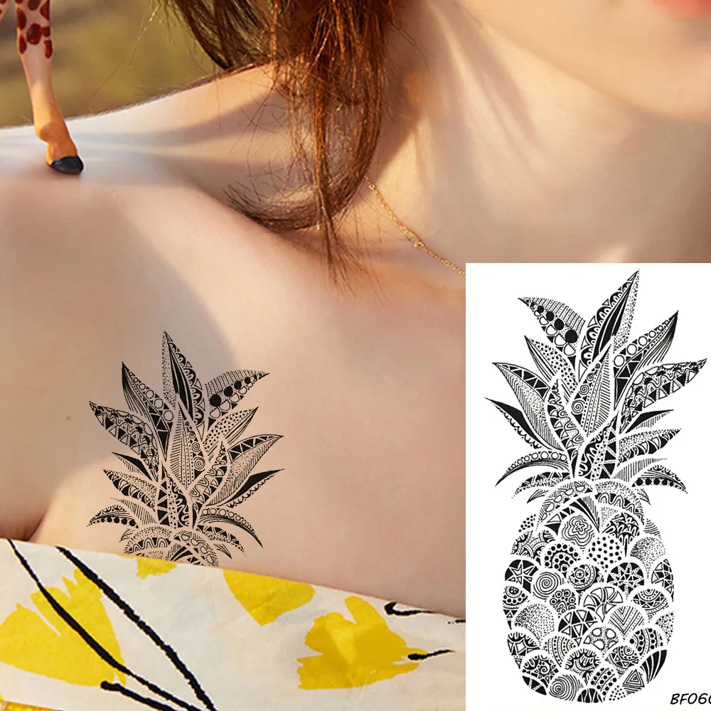 VANKIRS mignon ananas tatouage autocollants faux noir femmes henné Totem temporaire tatouage indiens corps bras filles 3D étanche Tatoos