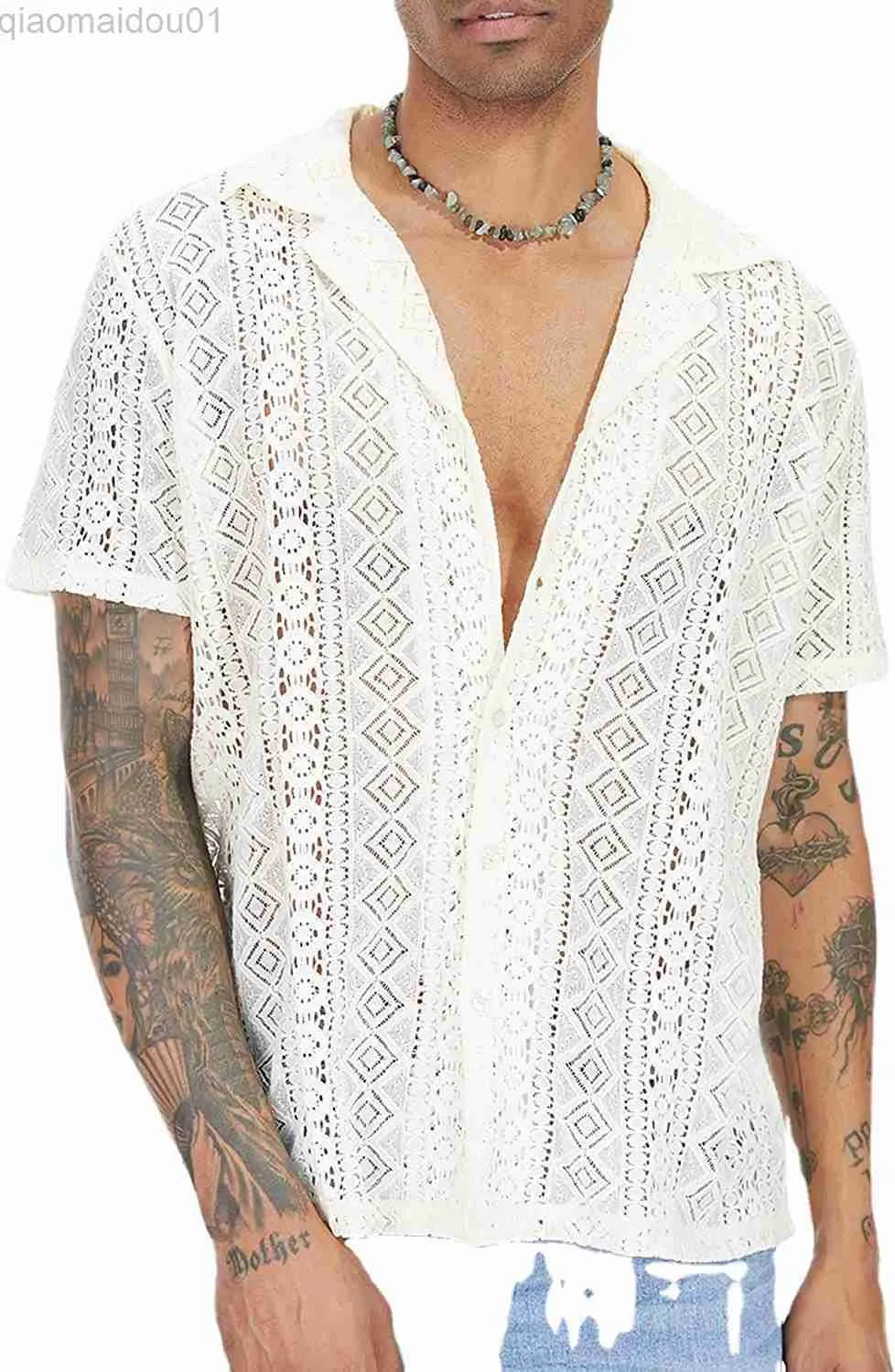 Herren-Freizeithemden, Herren-Hemd mit Blumenspitze, durchsichtig, Sommer, kurzärmelig, Knopfleiste, aushöhlen, transparentes Hemd, Herren, Party, Club, Chemise Homme, L230721