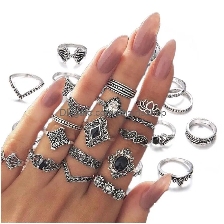 Band Rings 15Pcs/Set Vintage Antique Sier Color Rhinestone Boho Ring Set For Women Geometric Knuckle Midi Anillos Drop Delivery Jewel Dhmpq