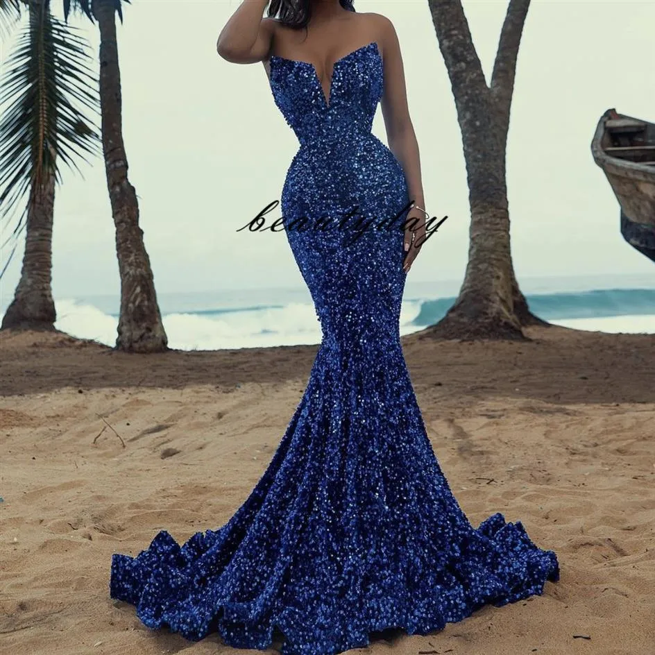 Royal Blue Prom Dresses Pageant 2022 Modest Fashion Mermaid Sweet-heart Paillettes scintillanti Abito da sera per occasioni speciali Dres269R