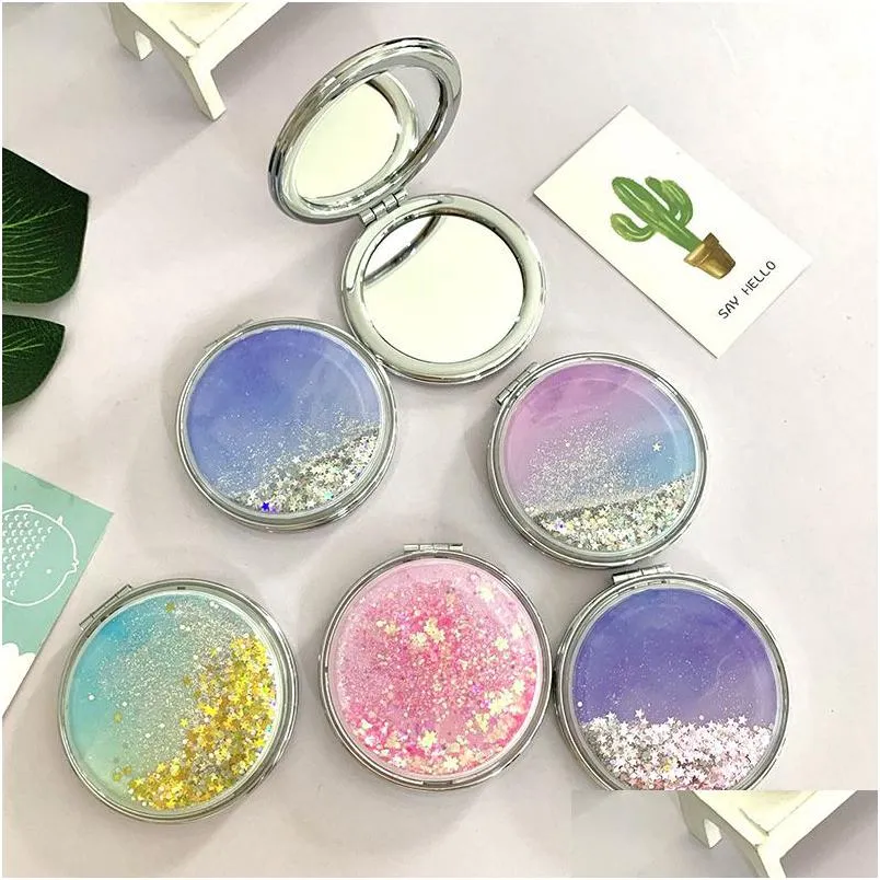 Specchi Liquid Bling Glitter Quicksand Specchio pieghevole portatile 5 colori Doppia faccia pieghevole Tasca consegna Drop Home Garden Dhnov