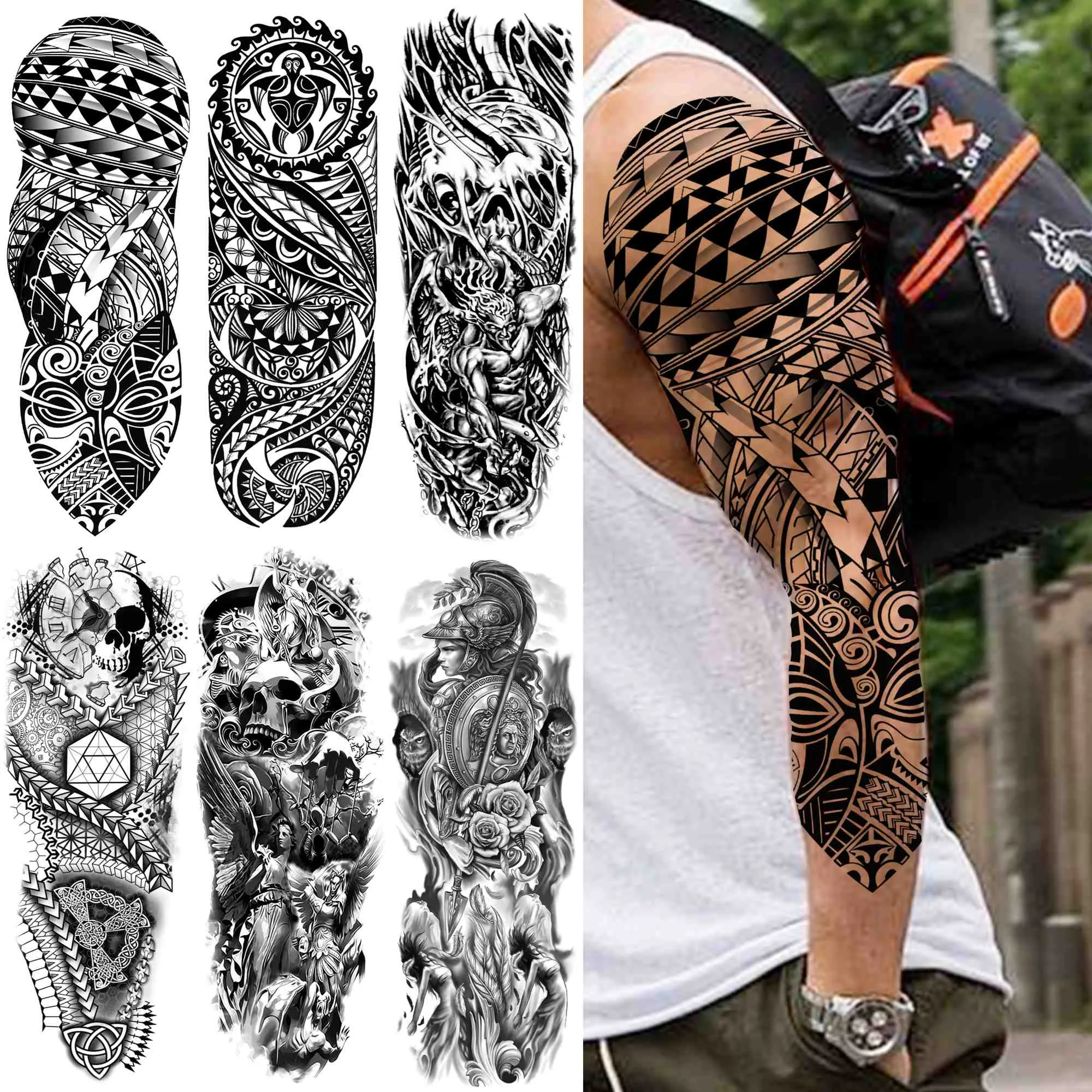 Inde Maori Totem tatouages temporaires pour hommes femmes adulte noir crâne Tribal tatouage autocollant manche faux étanche Tatoos Dacel