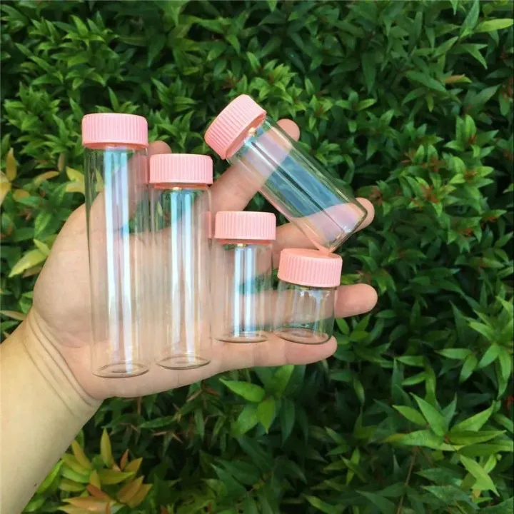 15ml 25ml 40ml 50ml 60ml Glass Bottles Plastic Cap Pink Screw Transparent Glass Vials Plastic Bottles Jars Bottles4