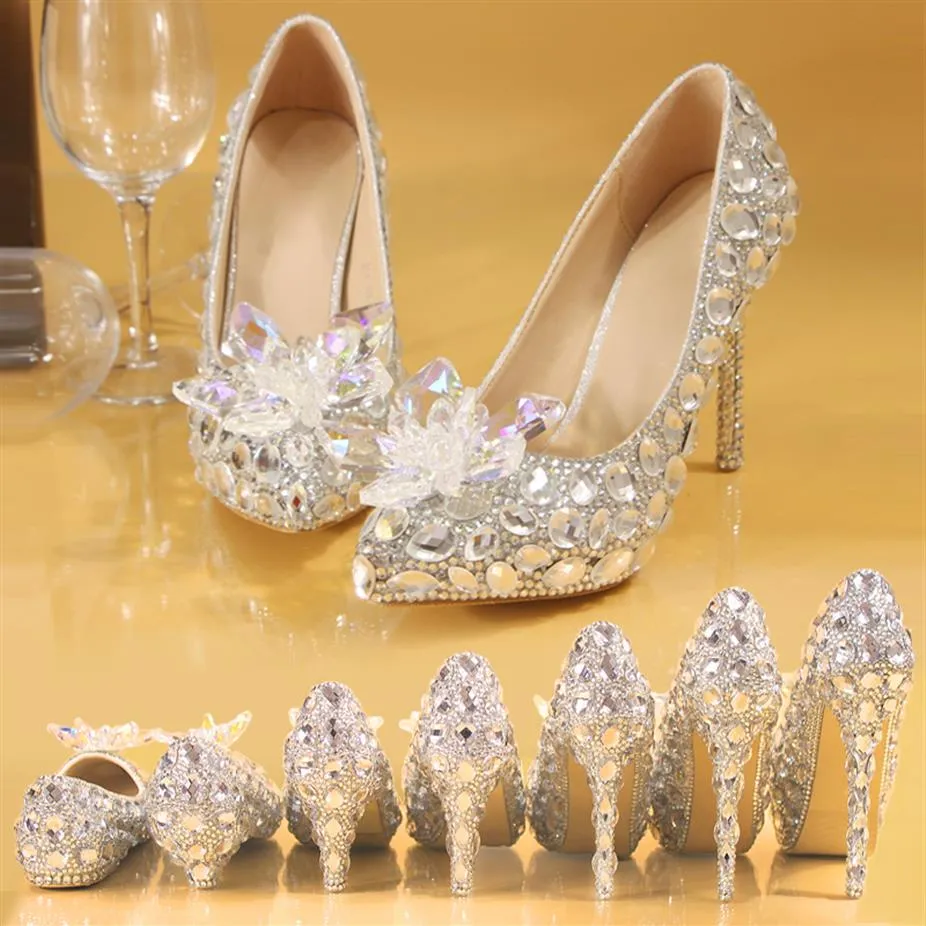 Fait à la main scintillant bout pointu diamant paillettes robe de mariée chaussures pompes talon aiguille fête Pageant chaussures de mariée soirée bal Gues223o