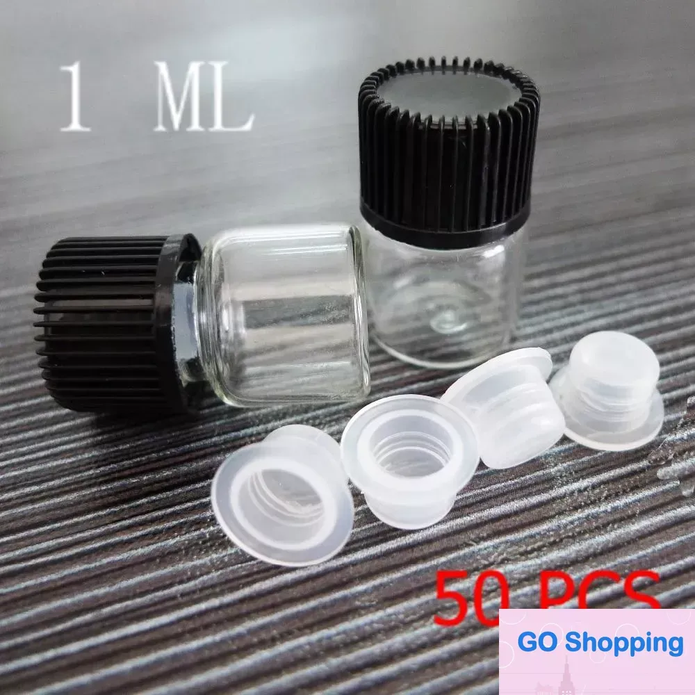 1ml 50 Pcs Mini 16 * 21mm Vuoto Chiaro Desiderio Piccole Bottiglie di Vetro Fiale Con Tappo A Vite Nero