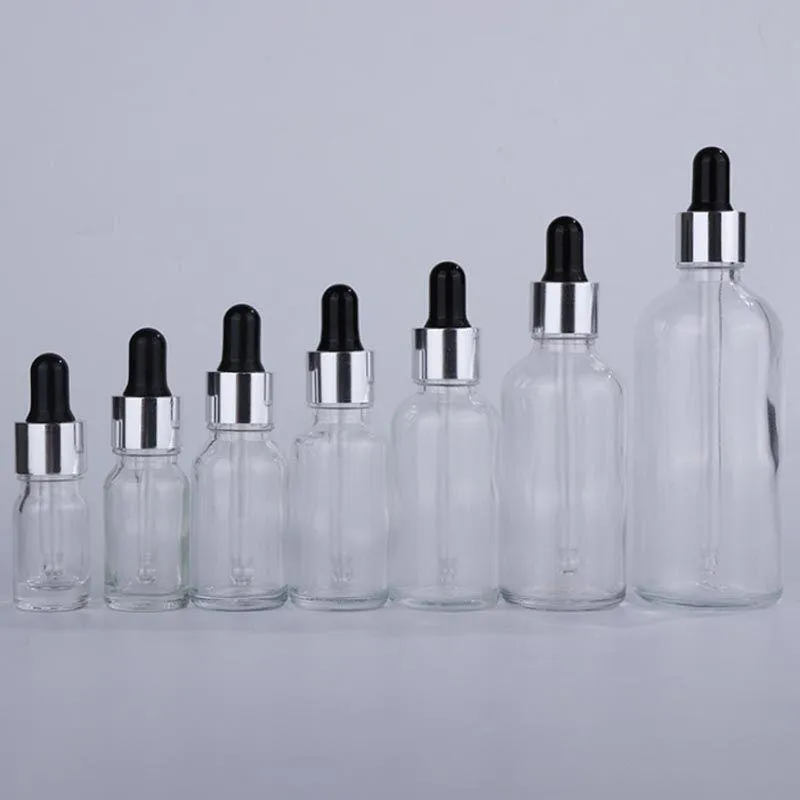 5-100 ml Lege Clear Glass Dropper Flessen Groothandel Met Zilveren Dop Zwart Rubber Top Voor Eye Dropper Aromatherapie dikke Essentie Flessen Bdri