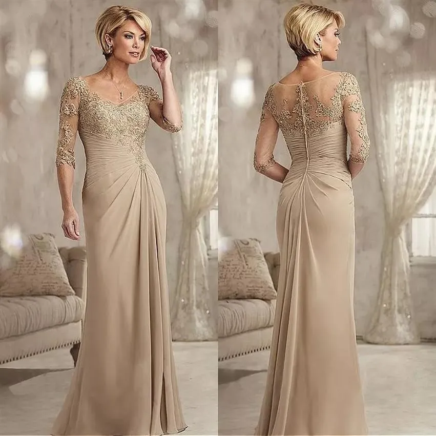 Abiti lunghi eleganti per la madre della sposa con maniche Sexy scollo a V Lunghezza intera Chiffon Abito da sposa in pizzo Sposo Mamma Festa Go276v