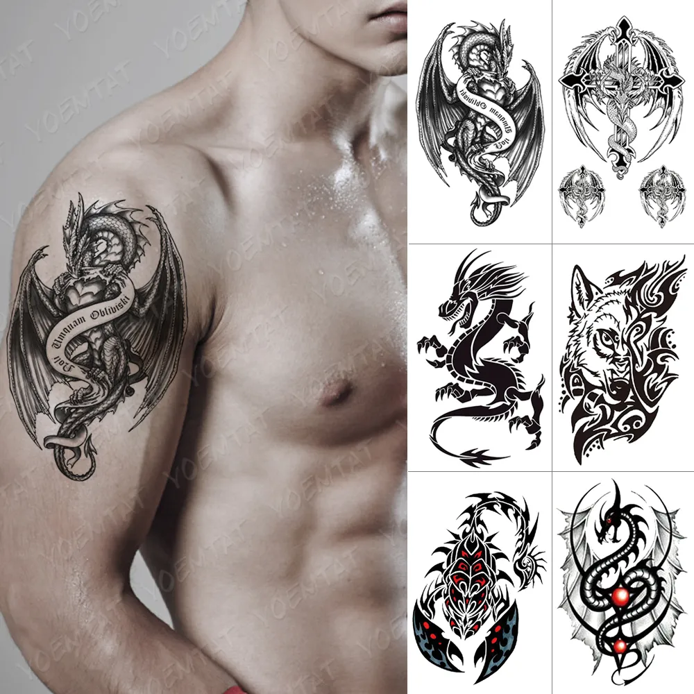 Vattentät tillfällig tatuering klistermärke Dragon Wing Totem Flash Tatto Scorpion Wolf Maori Body Art Arm Water Transfer Fake Tatoo Men