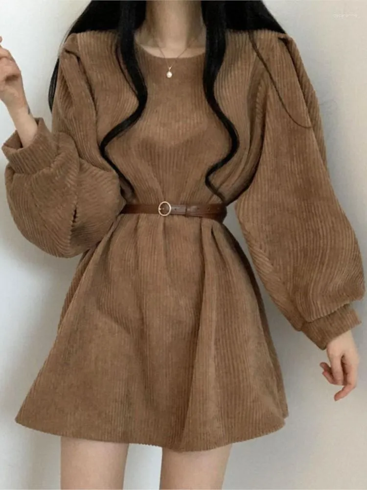 Casual Dresses Spring Women Elegant Corduroy Mini Dress Fashion Vintage Solid Party Vestidos Female Outerwear Chic Mujers With Belted