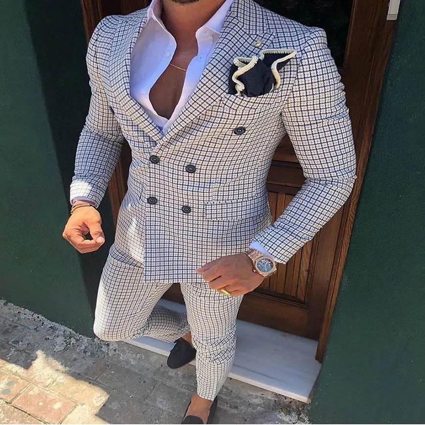 Nya stiliga män Två stycken Plaid män kostymer smala passade dubbelbröst groomsmen man kostym mens formella bröllop kostymer jacka pan221y