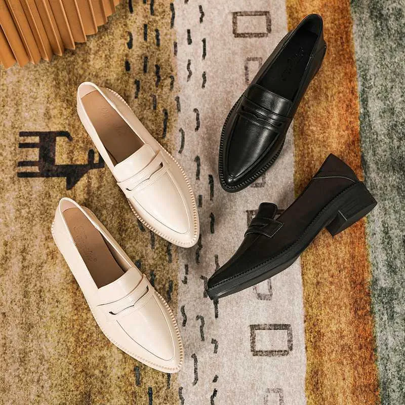 Dress Shoes Two Ways pointed toe small leather shoes women flats shallow slip on loafers brogue shoes thick heels cut out one band oxfords L230721