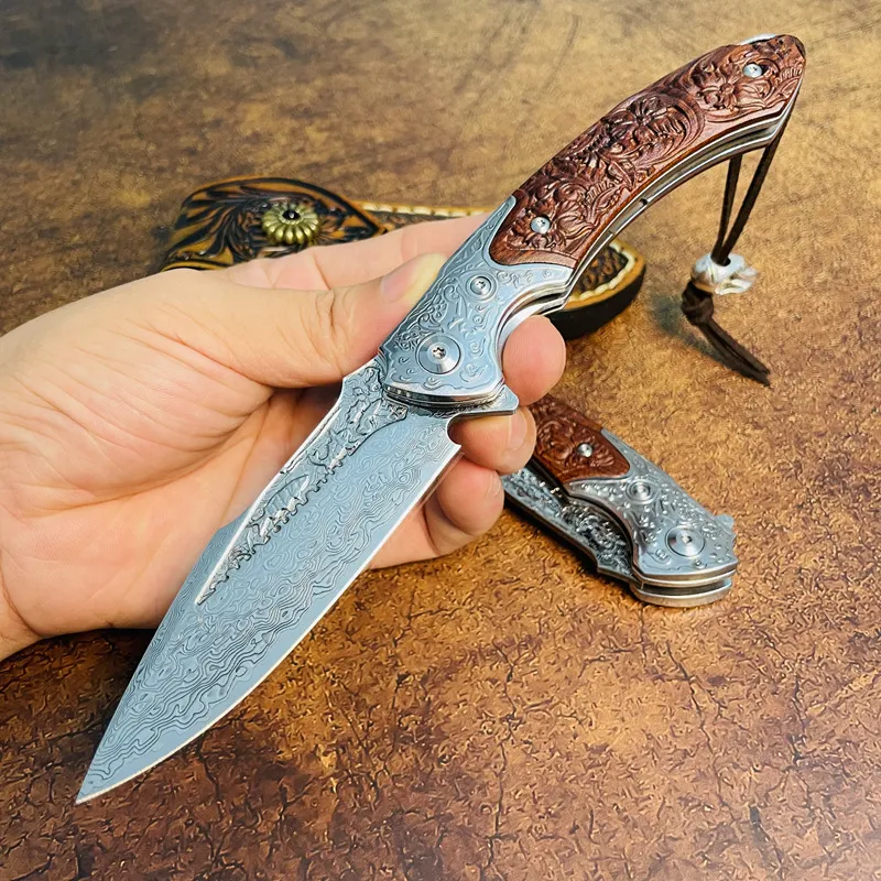 Специальное предложение r1694 Flipper складное нож VG10 Damascus Стальная точка капля лезвия пустыня Железное ручка с шариковыми подшипниками быстро открытые карманные ножи EDC с кожаной оболочкой