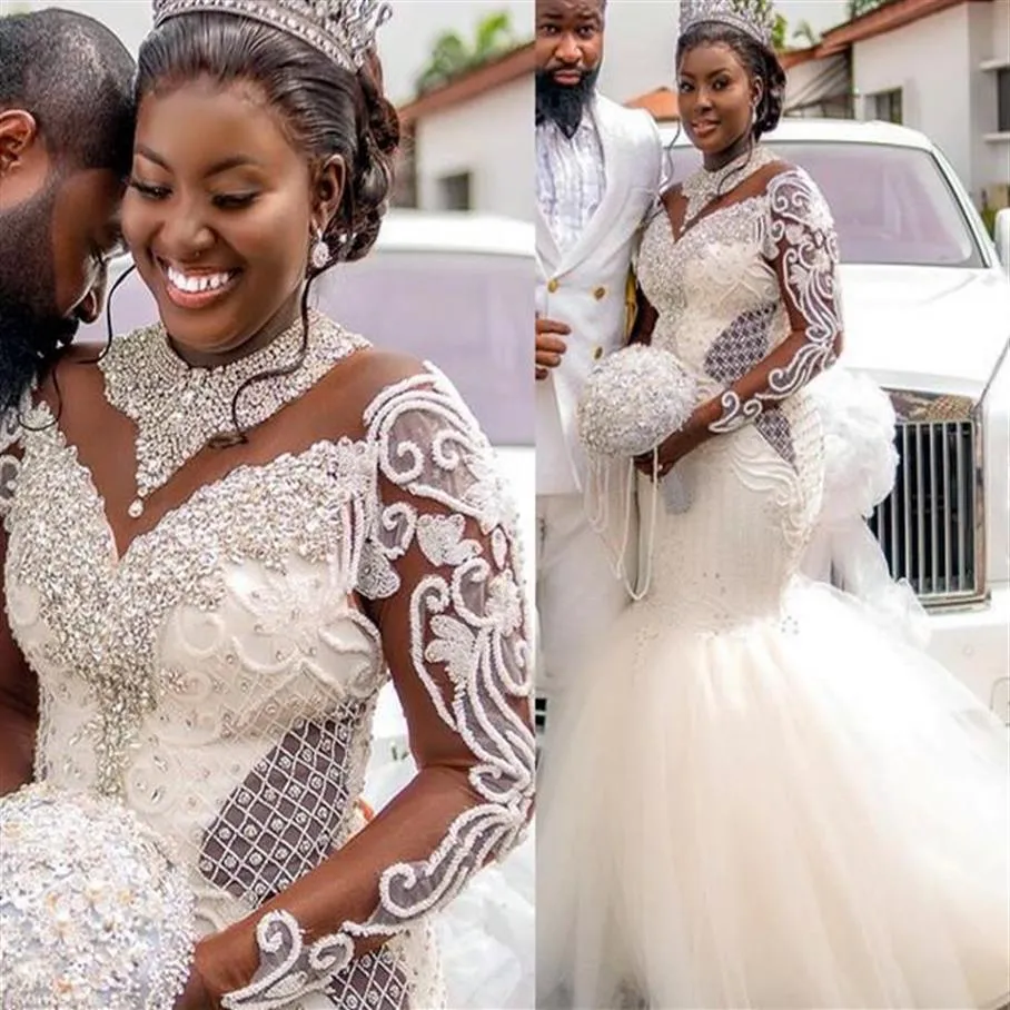 Arabe Aso Ebi Luxueux Robes De Mariée Sirène Plus La Taille Cristal Scintillant Dentelle Perlée À Manches Longues Africain Niergian Robes De Mariée302R