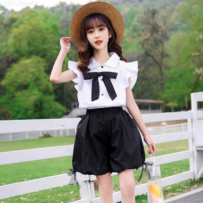Clothing Sets Clothing Sets Girl Clothes Summer Kids Cute Bow Shirt Shorts 2Pcs Sets Fashion Fly Sleeve Children Outfits Teen Girl Costume Z230725
