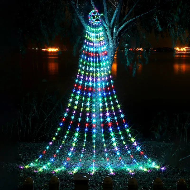 3.5m 346leds 8Modes Décoration de Noël Solaire LED Guirlande Lumineuse Étoile Lune Cascade Guirlande Lumineuse pour Mariage Nouvel An Fête Maison Chambre Décor