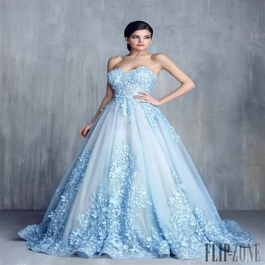 Tony Chaay Bleu Ciel 3D Floral Robes De Bal Formelles 2019 Modest Cendrillon Chérie À La Main Fleur Arabe Occasion Soirée Soirée 221S