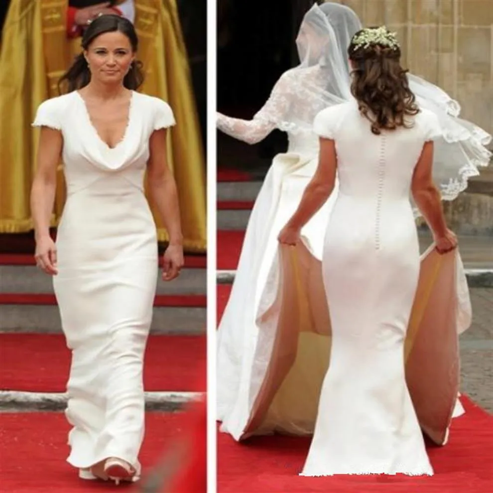 Vintage Abordable Pippa Middleton Robe De Demoiselle D'honneur Pas Cher Simple Designer Blanc Robes De Mariée Une Ligne Drapée Cou Robes De Mariée UK257x