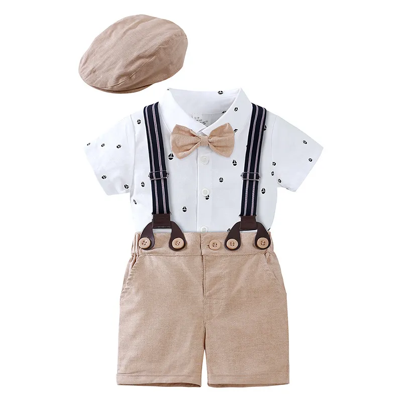 Nyfödd baby pojke gentleman outfit kläder jumpsuits bomull sommar bodysuit haklapp korta byxor hatt 3 stig kostym