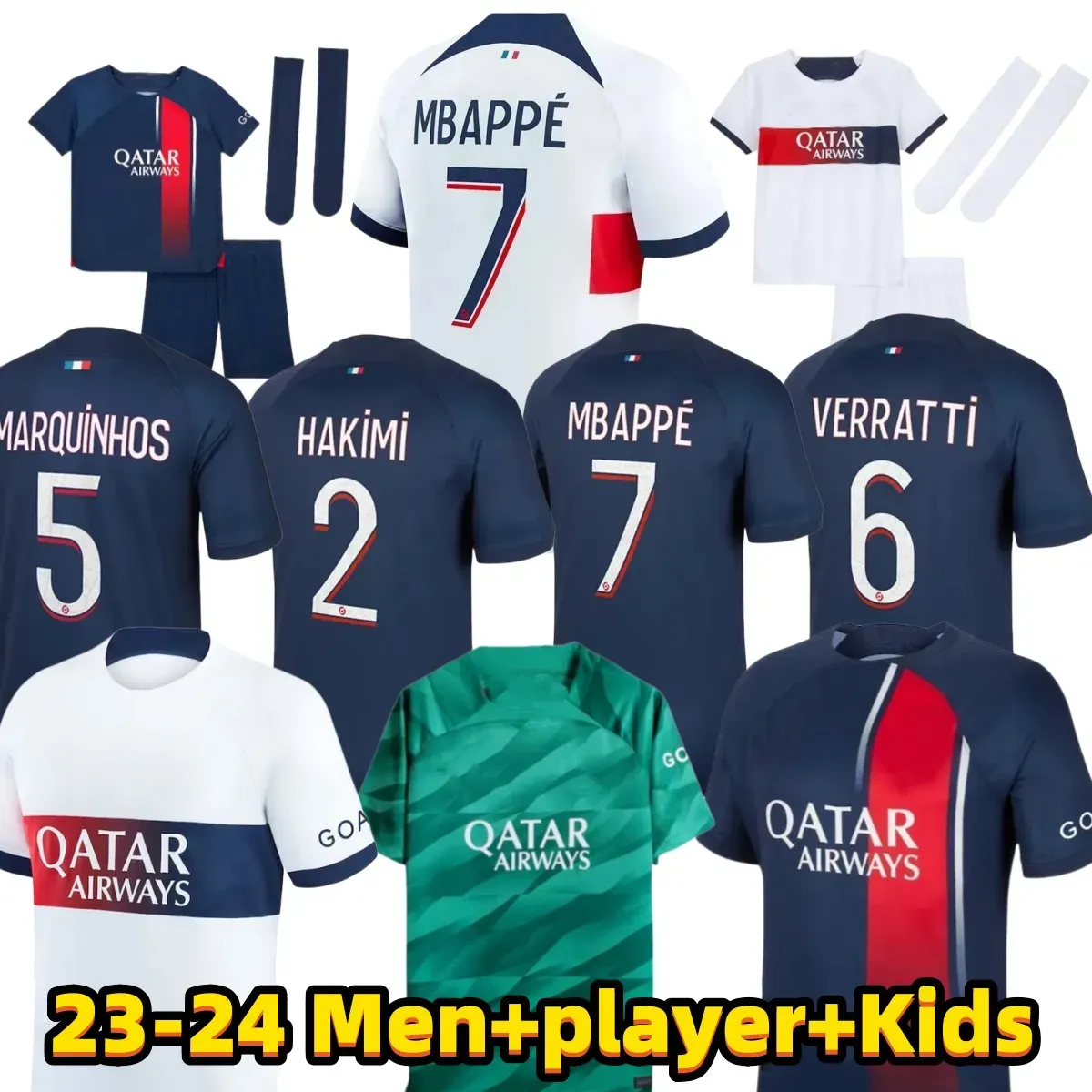 23 24 Paris MBAPPE # 7 camisetas de fútbol Hakimi Stadium psGS Maillots de Football Shirt Marquinhos Verratti Icardi 2023 2024 Hogar lejos Fans Player Uniforme Kids Kit Sets