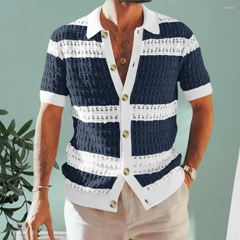 Suéteres para hombre, Top ahuecado, diseño de solapa de manga corta, cárdigan de verano para exteriores, camisa tejida a rayas, ropa de calle