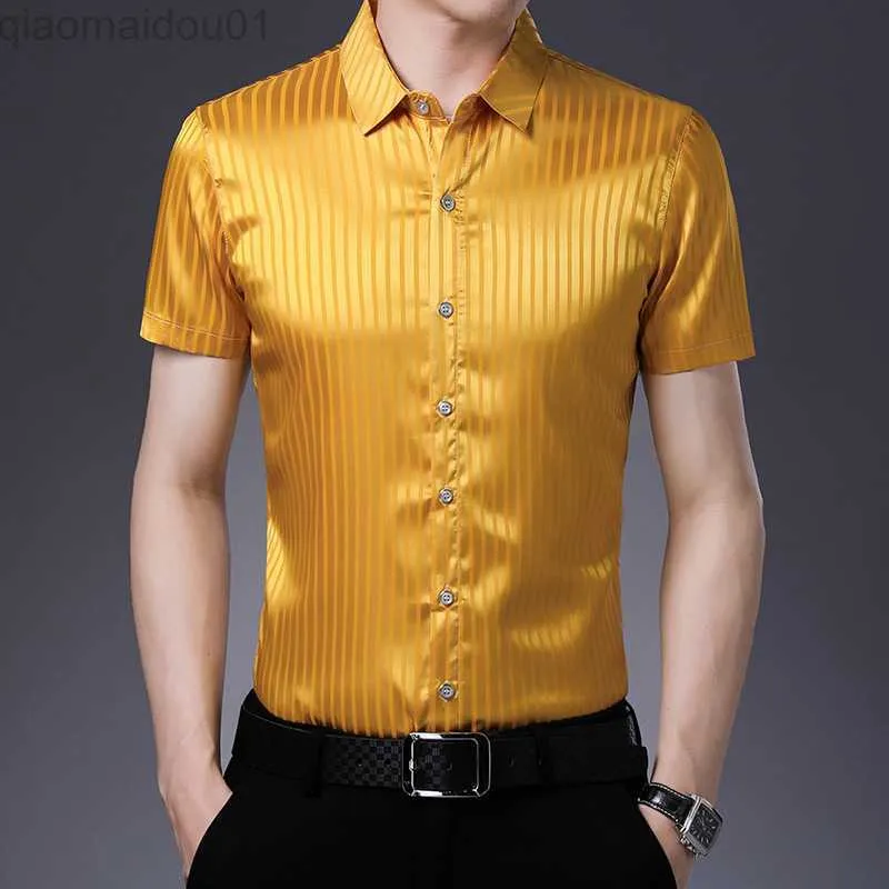 Camisas casuais masculinas Camisa de seda masculina 2020 Moda de verão Roupas de seda listradas Manga curta masculina Camisas casuais de escritório de cetim de seda L230721