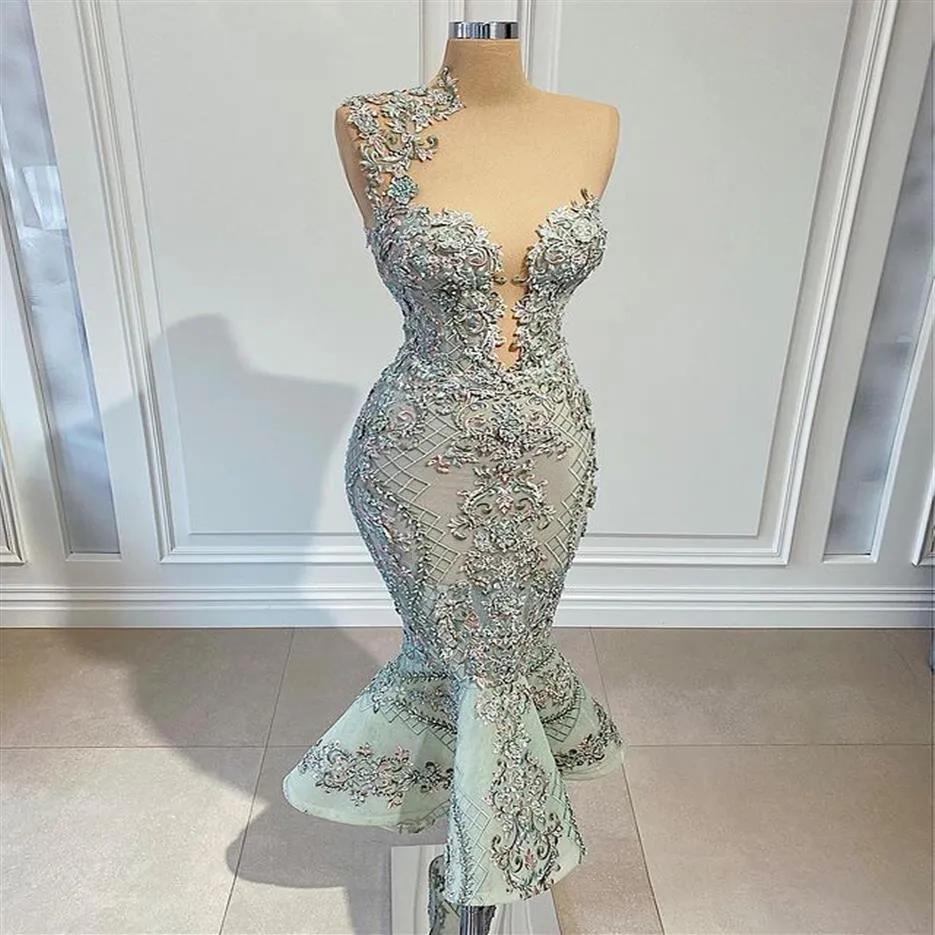 2021 Arabski Aso Ebi Ebi luksusowe sukienki balowe z koronki z koralikami Sheer Szyja wieczór formalny impreza druga suknie przyjęte ZJ174I