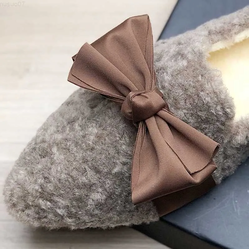 Dress Shoes Lady Velvet Winter Flats Warm Shoes Pointy Toe Bow Knot Slip Ons Cotton Low Top Claussures Mocasines De Mujer 43 33 Brown Beige L230721