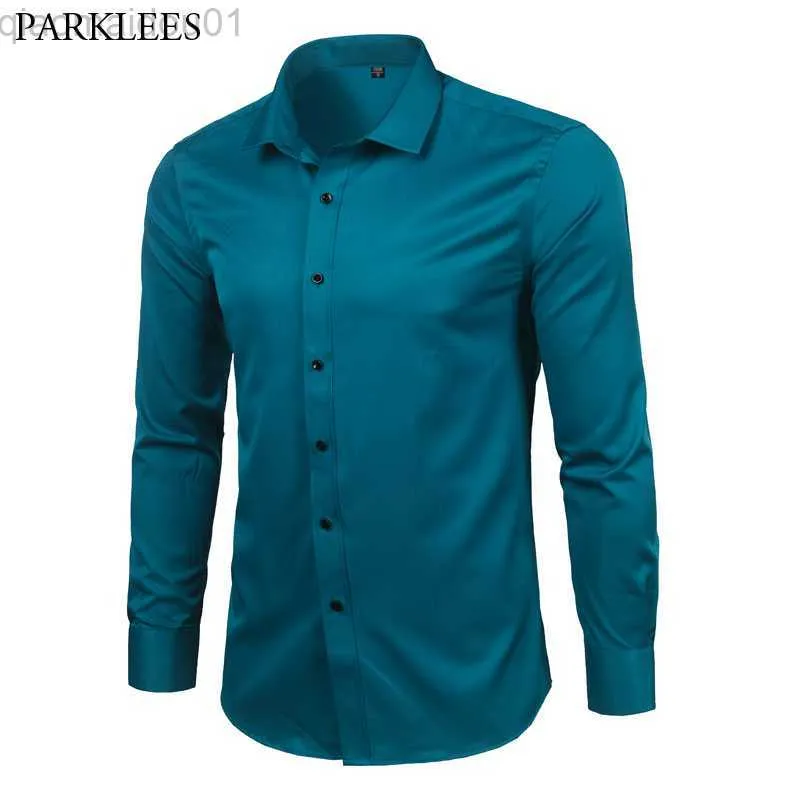 Camisas casuales para hombres Camisas de vestir de fibra de bambú para hombres Slim Fit Sólido Manga larga Camisas con botones causales Hombres Elástico Sin hierro Camisa formal de fácil cuidado L230721