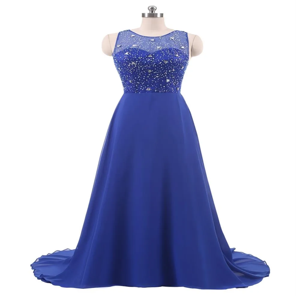 Bleu Royal Plus La Taille Robes De Soirée 2018 Sheer Cou Perlé Dos Nu Longue Robe De Bal Robes Formelles Pas Cher Réel Po En Stock232D