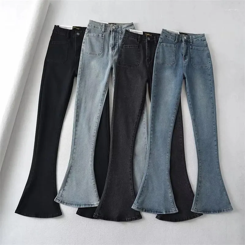 Women's Jeans High Waist Denim Flare Pants For Women Solid Color Pocket Design Student Slim Bootcut Autumn Casual Female Trouser