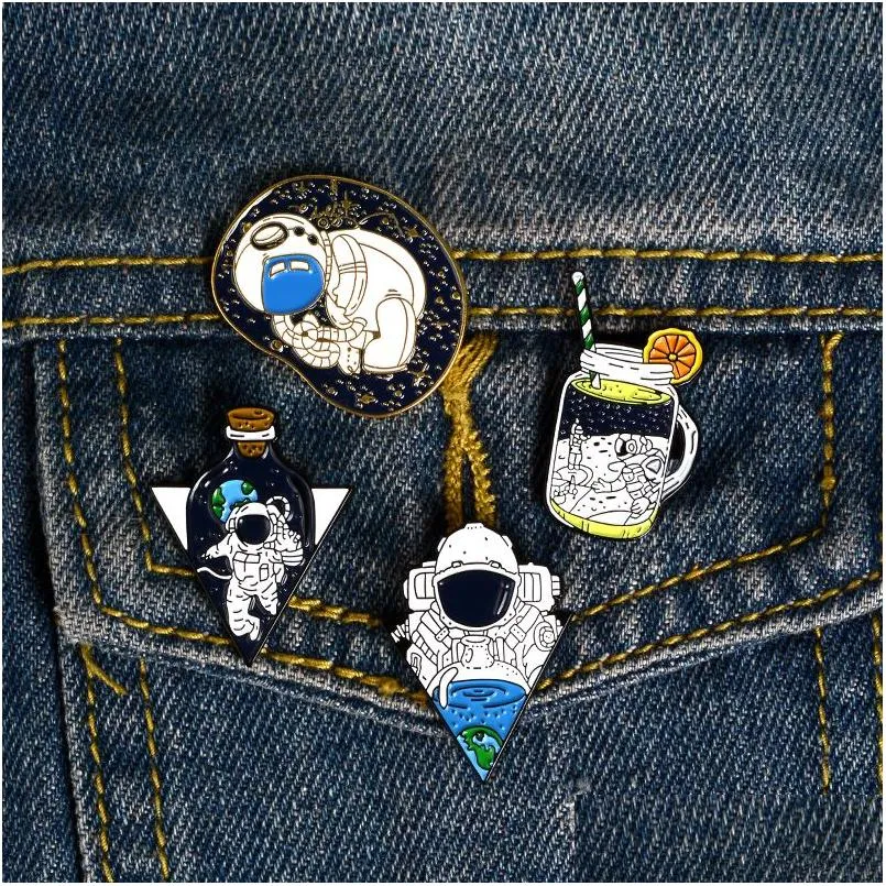 Pins Brooches Astronaut Enamel Cup Pins For Clothes Bag Space Adventure Universe Jewelry Gift Kids Friends Drop Delivery Dhwuv