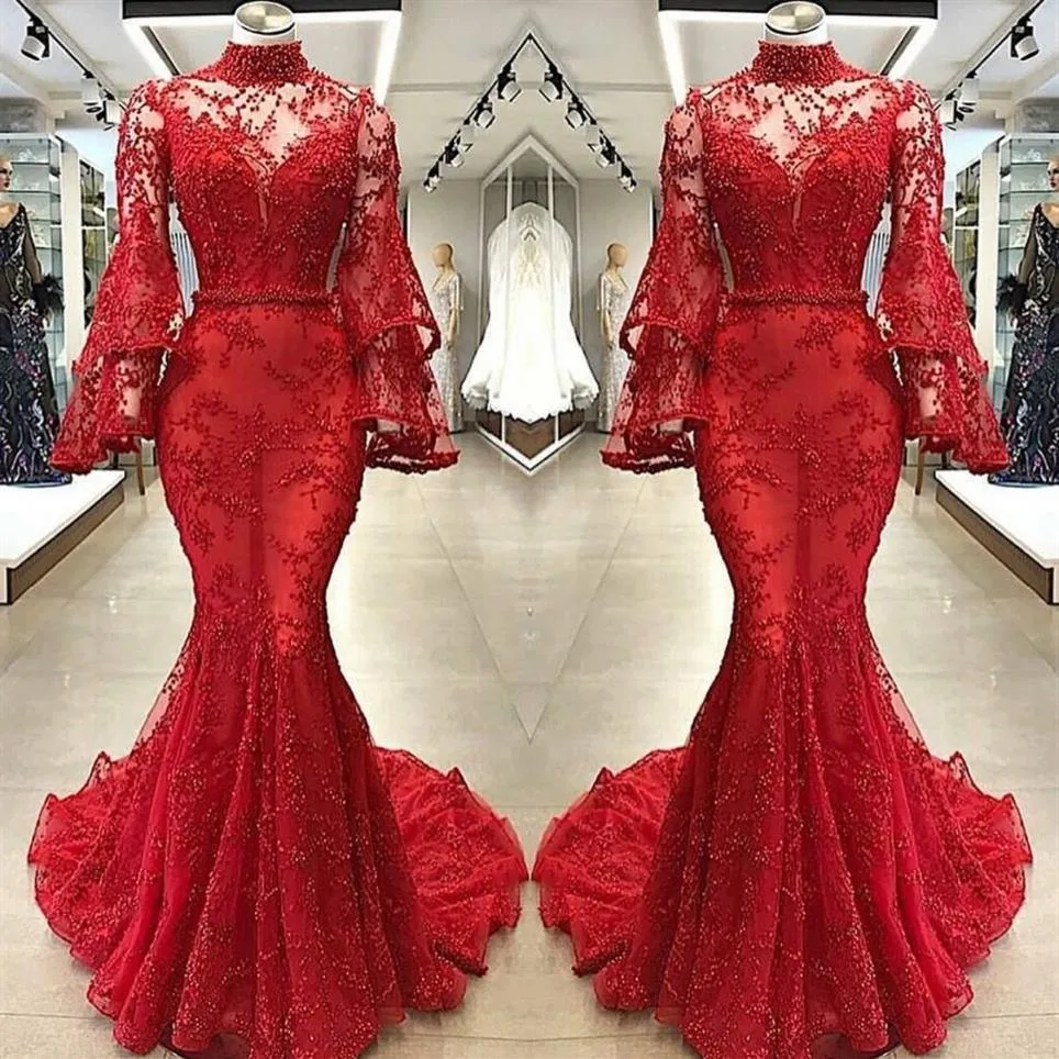 Red Lace Mermaid Evening Dresses Sexy Illusion Poet Long Sleeves High Neck Appliqued Beaded Long Party Pageant Gowns Prom Dress221S