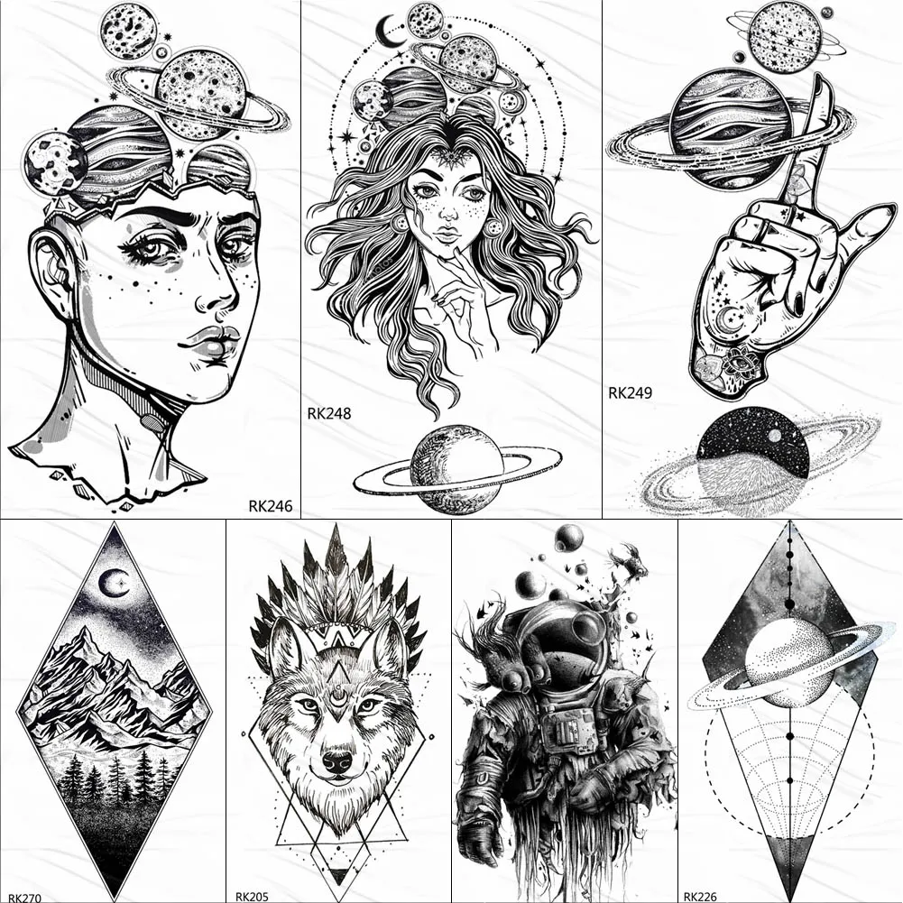 Ommgo Outspace Women Planet Brain دماغية مؤقتة وشم ملصق مقاوم للماء أسود جبل جبل Tatoos فن الوشم مزيف