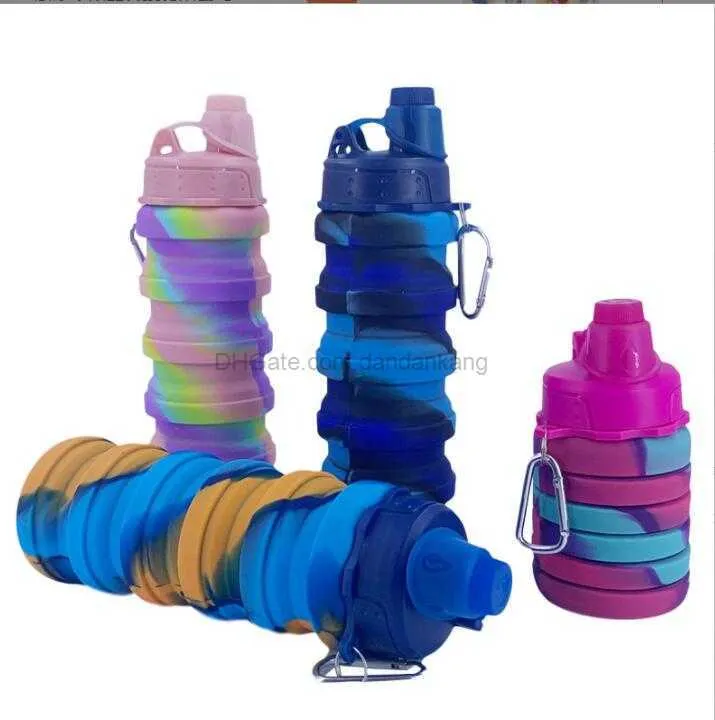 ins 카모 실리콘 접이식 물병 귀여운 화려한 남자 여자 아이 아이들 마시는 컵 휴대용 야외 하이킹 캠핑 플라스크 머그 500ml