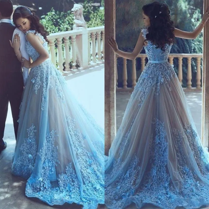 Bleu ciel 3D fleur arabe femmes robes de bal avec taille ceinture formelle 2017 robe de soirée longue tulle bijou cou robe de fest351D