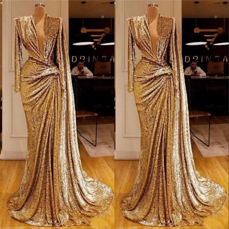 Sexig djup V-ringning Formell aftonklänningar 2020 Design Saudi Arabiska paljetter Prom Party Dress Gown Robe de Soiree Sexig Deep V-Neck Forma272n