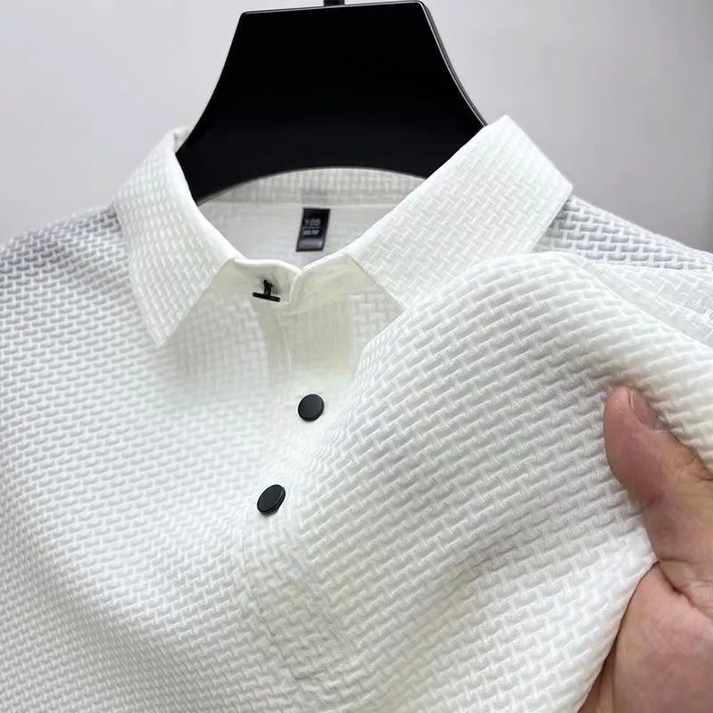 Erkek Polos Marka Giysileri Yaz Lopup Hollow Shortsleeved Polo Gömlek Buz İpek Nefes Alabilir İş Moda Katı Golf Tshirt 230720