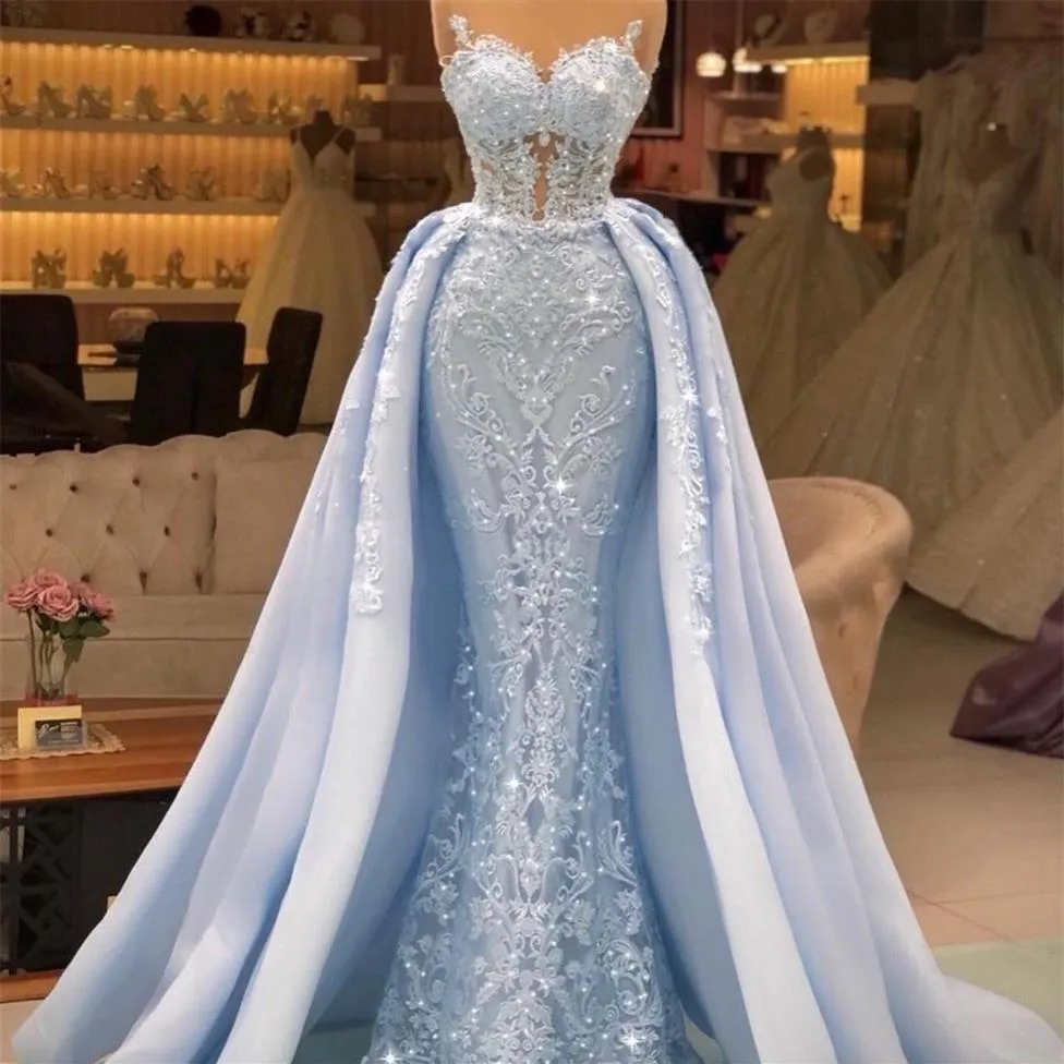 Robes de soirée sirène bleu ciel avec train détachable dentelle paillettes robes de bal dames sexy vestido de novia fête formelle Wear277b